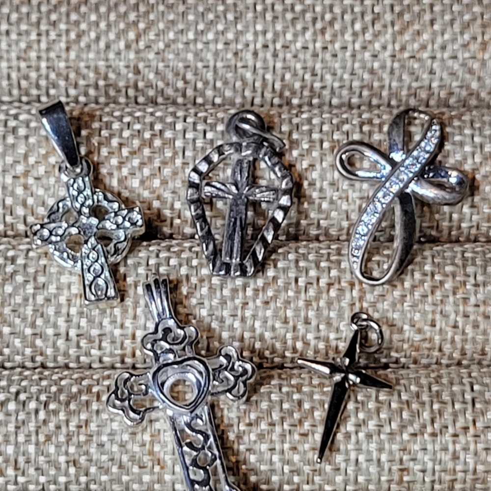 Untested 5 Piece Silver Tone Cross Charms Religious Jewelry Making Supply Bundle